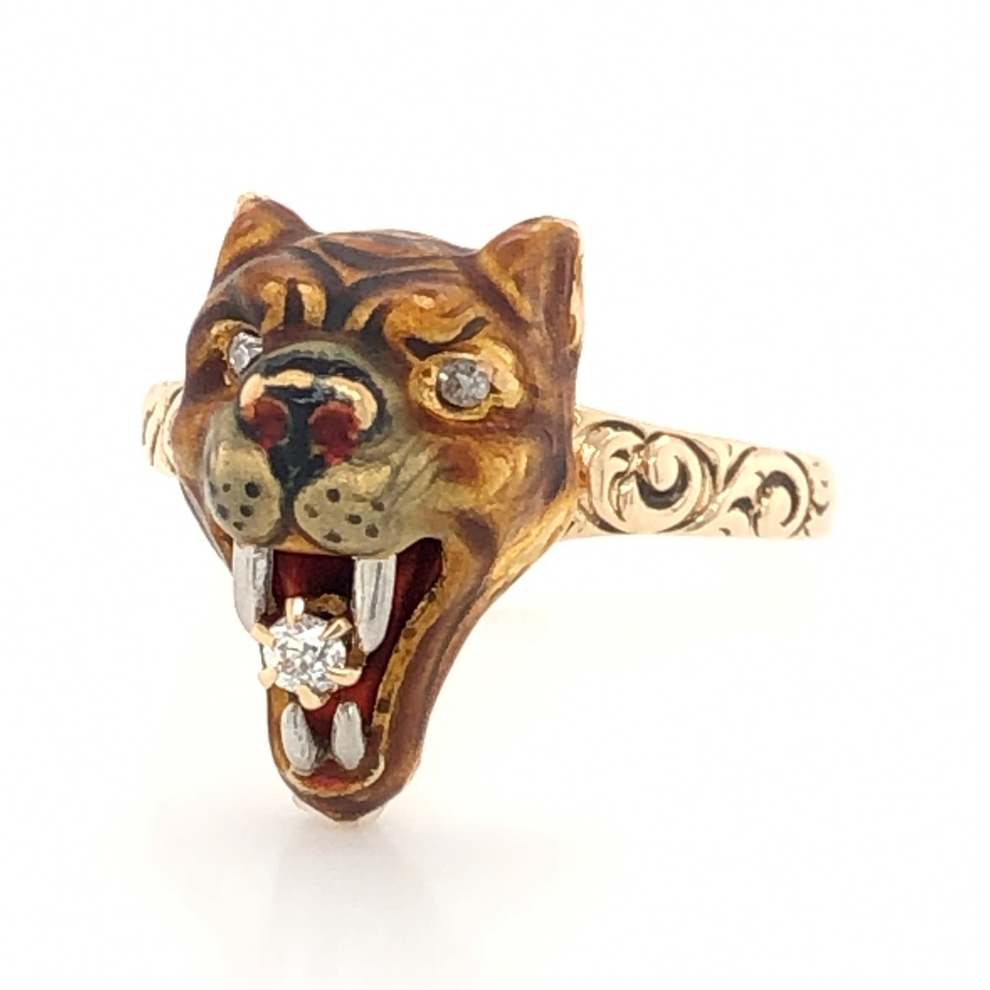 Victorian Lion Ring w/ Diamonds in 10k Yellow Gold