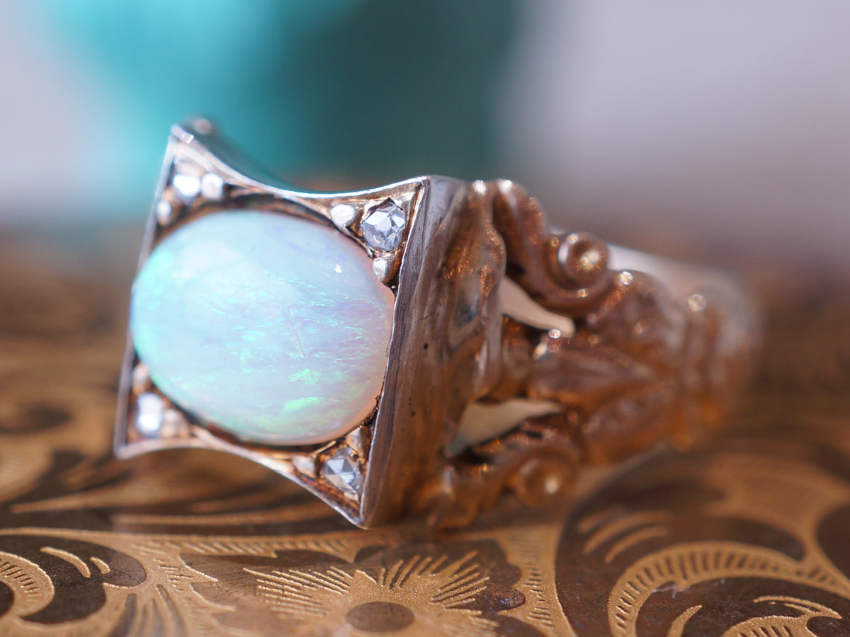 Vintage Victorian Opal & Diamond Ring 14k Yellow Gold & Platinum