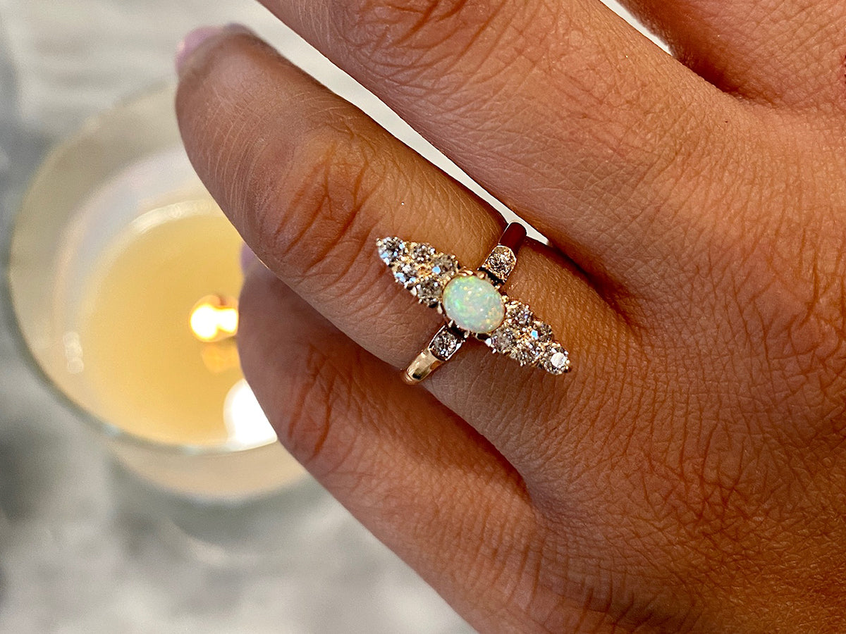 Vintage Victorian Opal & Diamond Ring 14k Yellow Gold