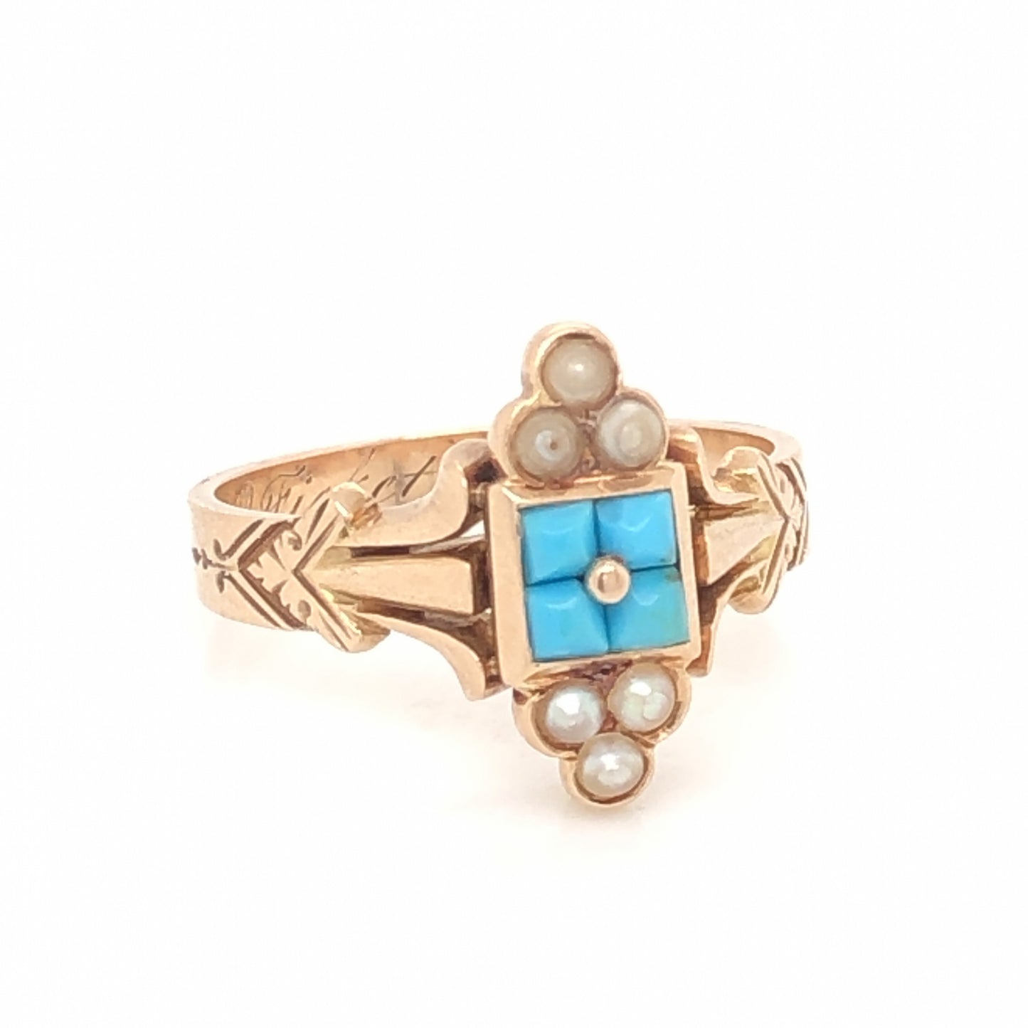 Victorian Pearl & Turquoise Ring in 14k Rose Gold