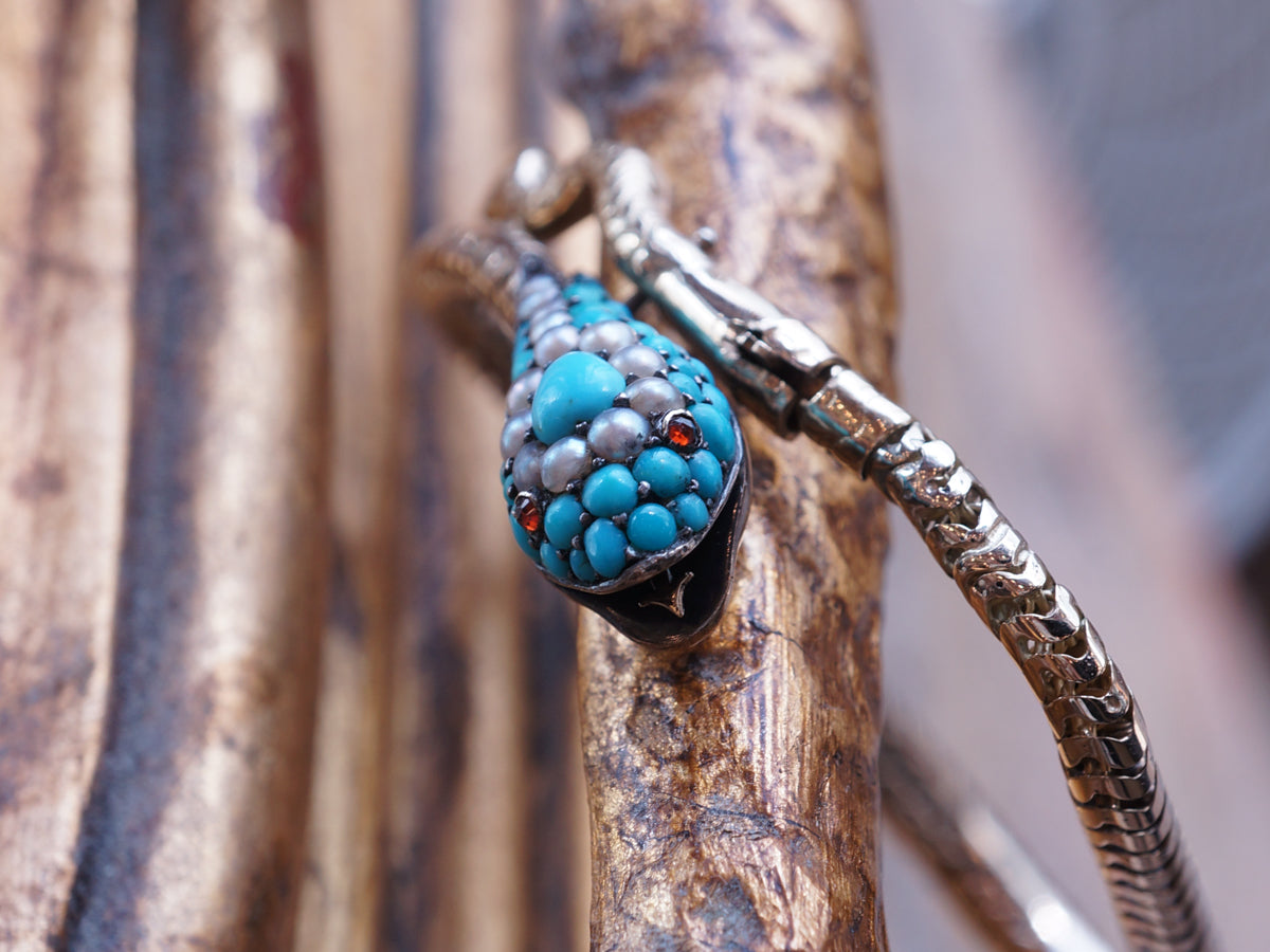 Vintage Victorian Turquoise & Pearl w/ Ruby Snake Bracelet