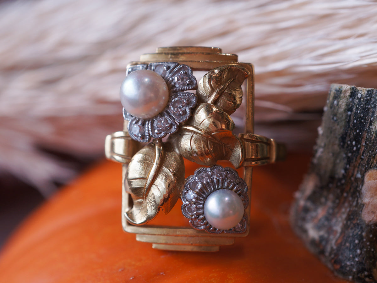 Vintage Weiss Jewelers Art Nouveau Diamonds & Pearl Ring