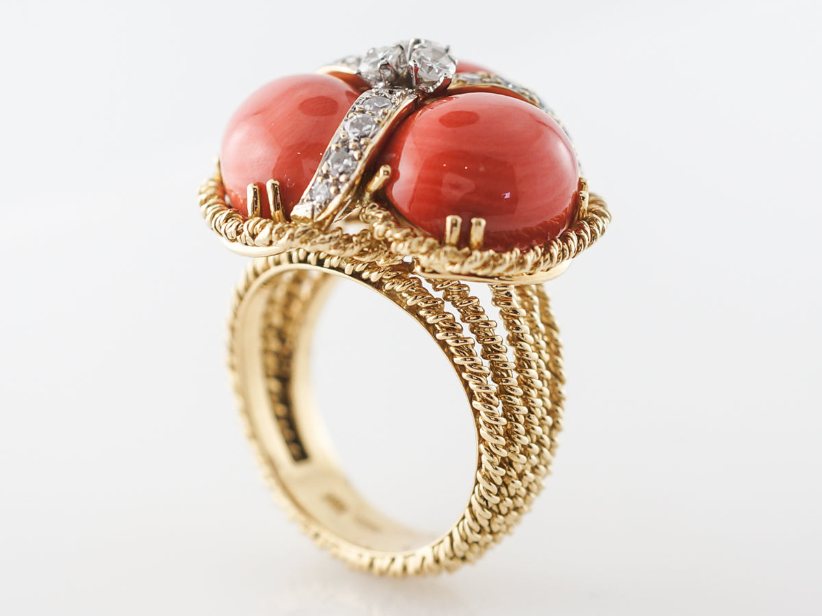 Cabochon Coral & Diamond Ring in 18k Yellow Gold