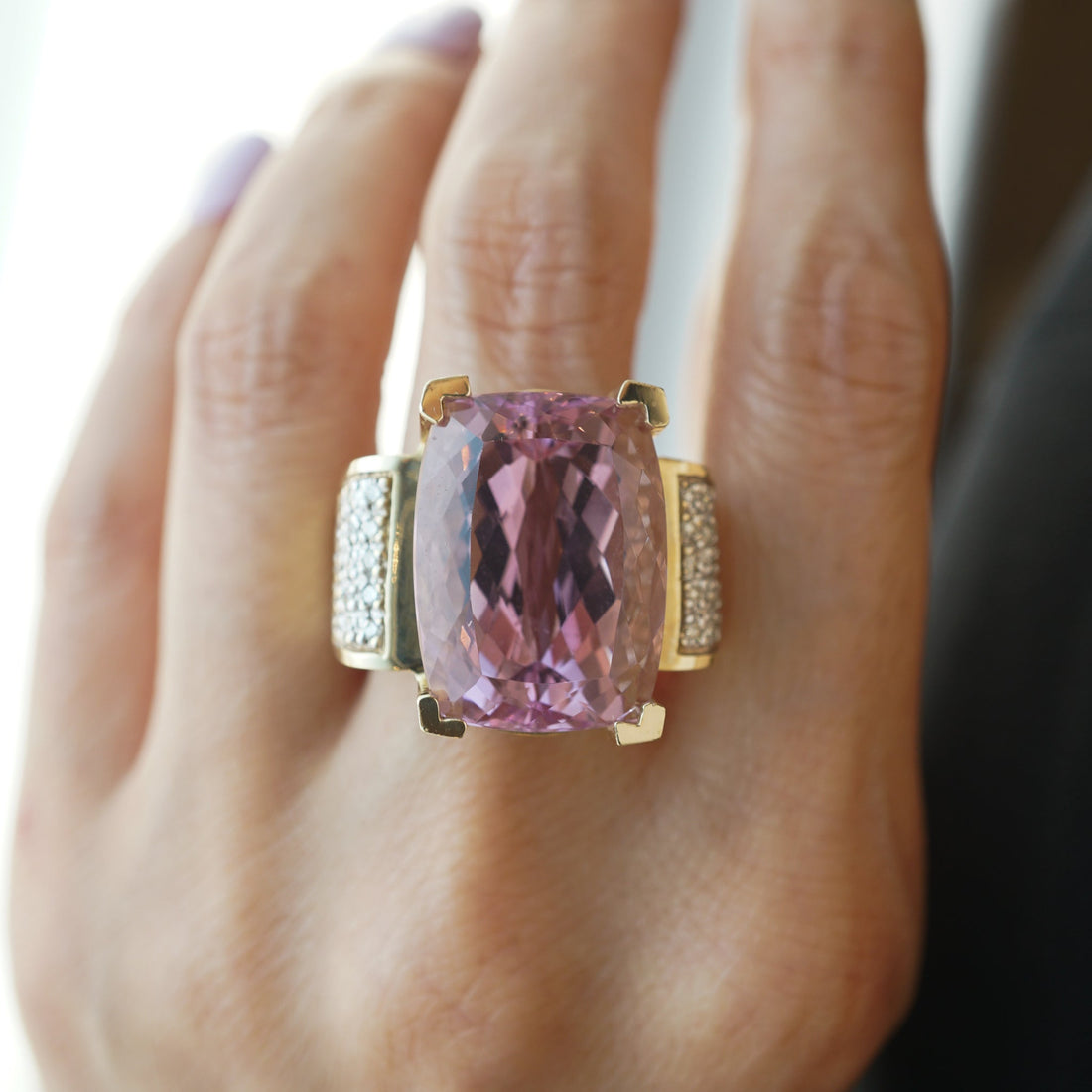 Vintage Mid-Century Kunzite & Diamond Cocktail Ring 