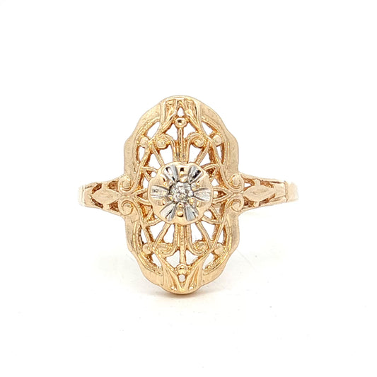 .02 Diamond Navette Filigree Ring in 14k Yellow Gold