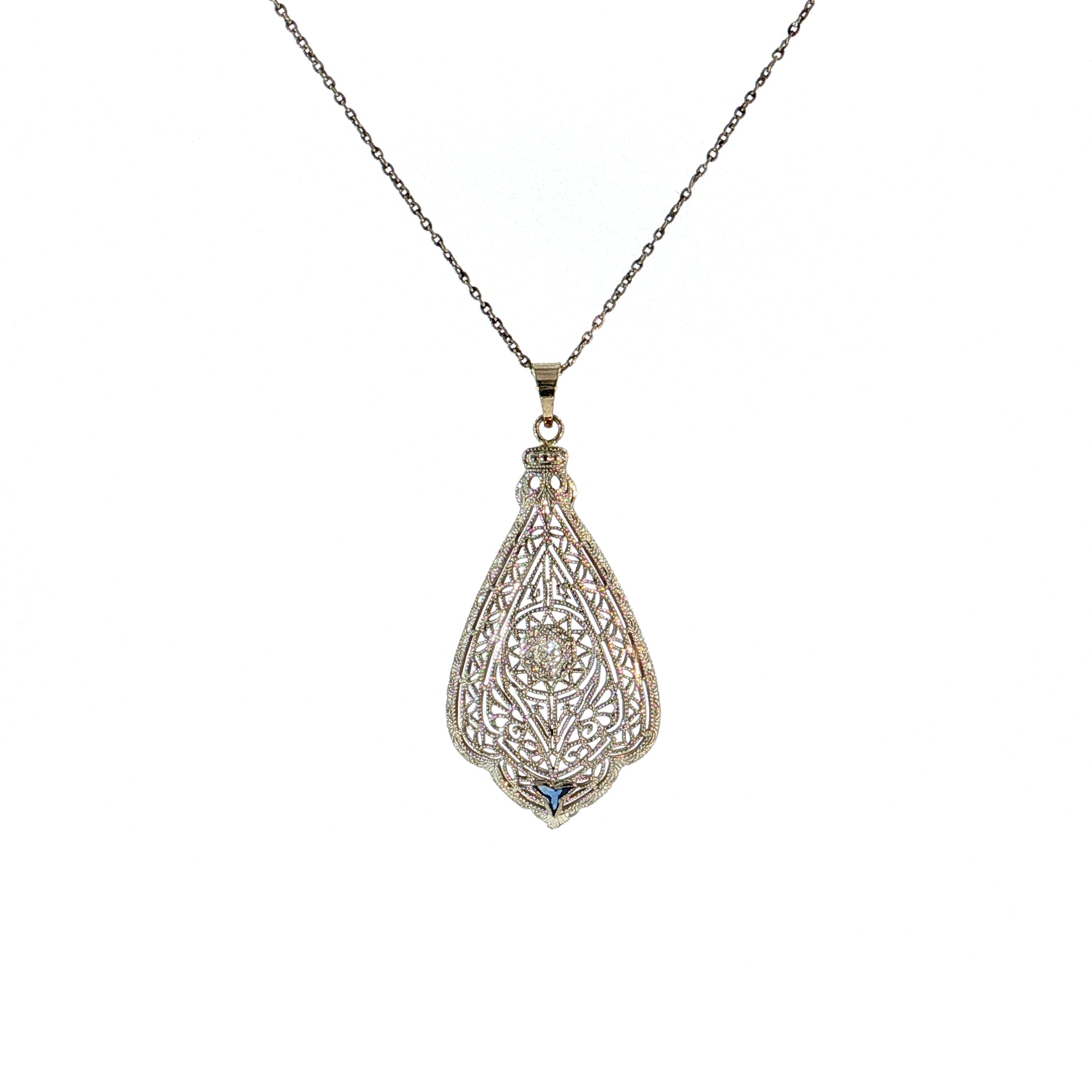 .03 Antique Art Deco Diamond Filigree Pendant 14k White Gold
