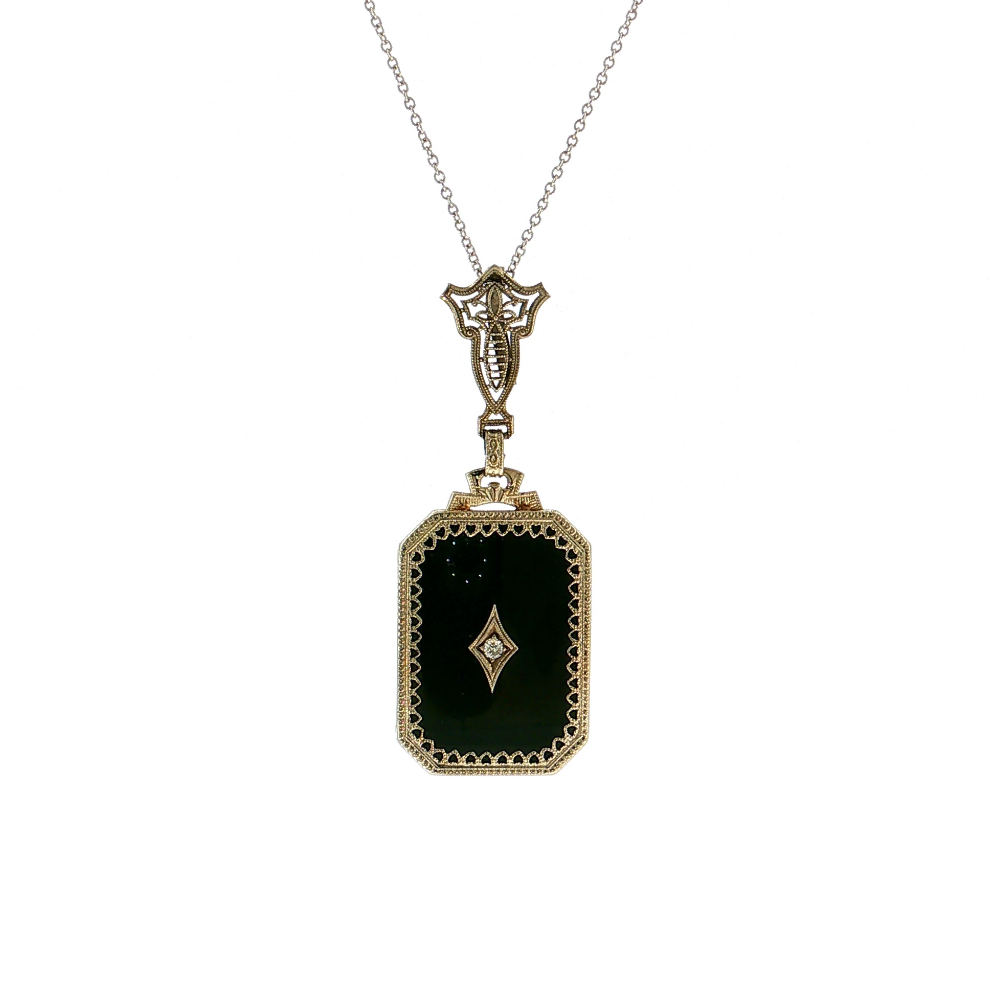 .03 Art Deco Diamond & Onyx Pendant 14k White Gold