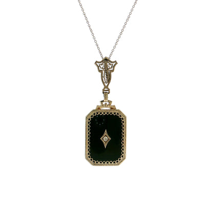 .03 Art Deco Diamond & Onyx Pendant 14k White Gold