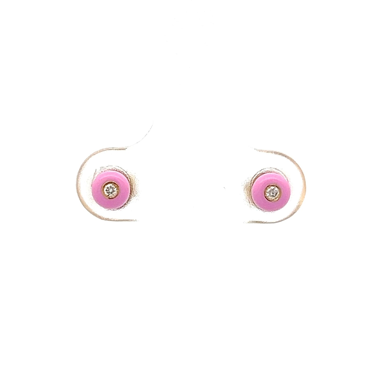 .03 Round Diamond & Pink Enamel Stud Earrings in 14k