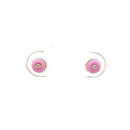 .03 Round Diamond & Pink Enamel Stud Earrings in 14k