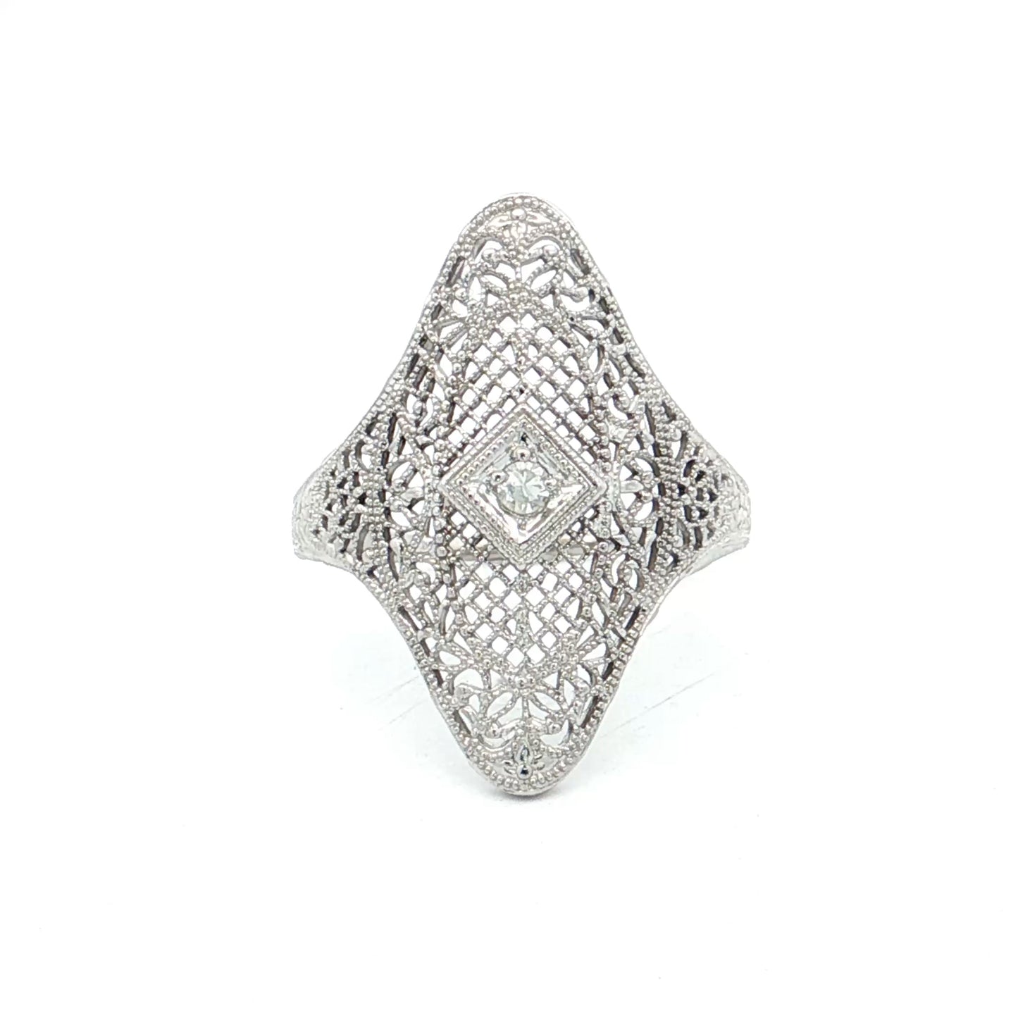 .04 Vintage Art Deco Diamond Filigree Cocktail Ring 14k