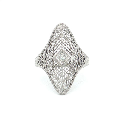 .04 Vintage Art Deco Diamond Filigree Cocktail Ring 14k