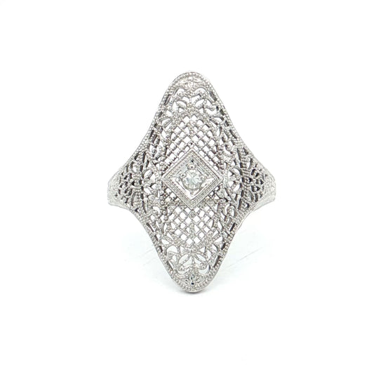 .04 Vintage Art Deco Diamond Filigree Cocktail Ring 14k