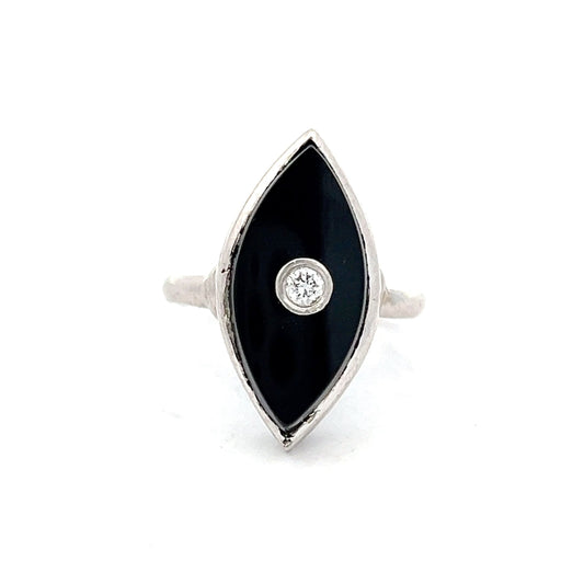 .06 Onyx & Diamond Navette Ring in 14k White Gold