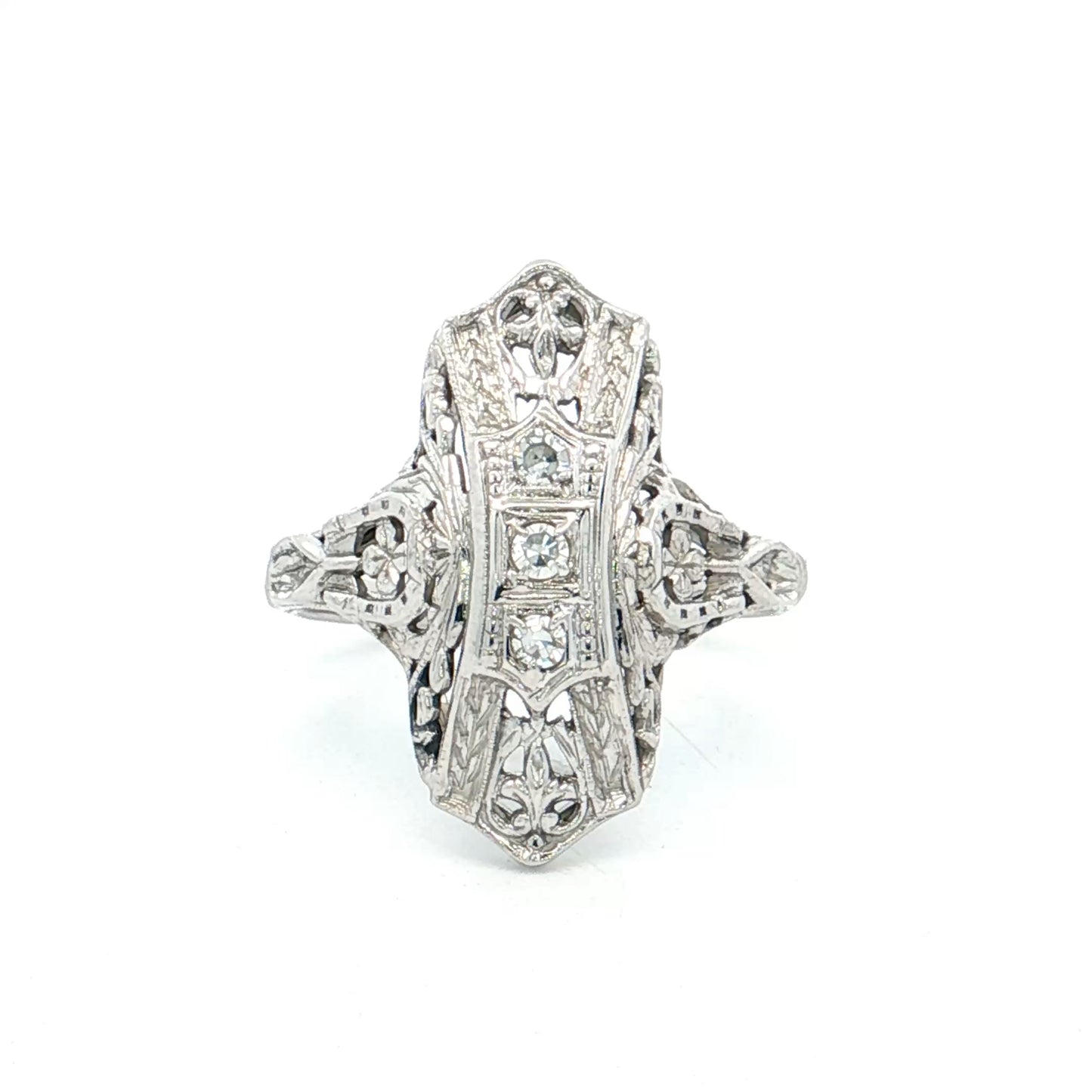 .09 Art Deco Filigree Navette Cocktail Ring 18k White Gold