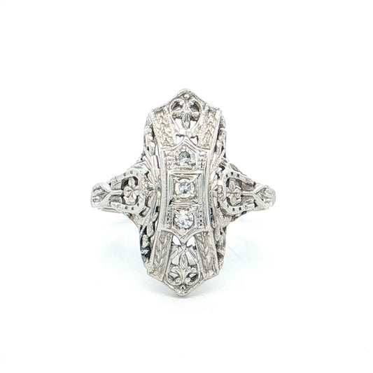 .09 Art Deco Filigree Navette Cocktail Ring 18k White Gold