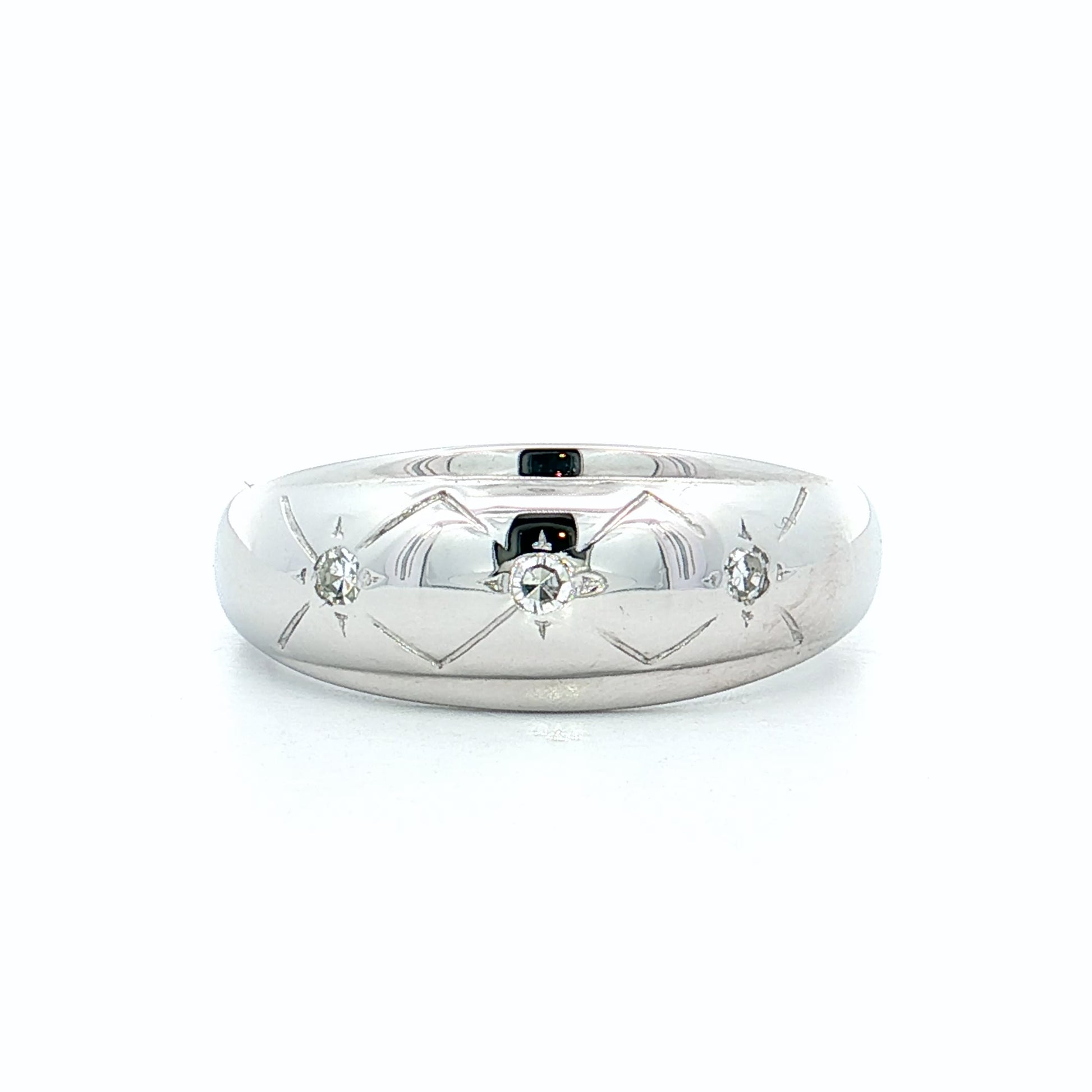 .09 Vintage Diamond Three Stone Ring 14k White Gold
