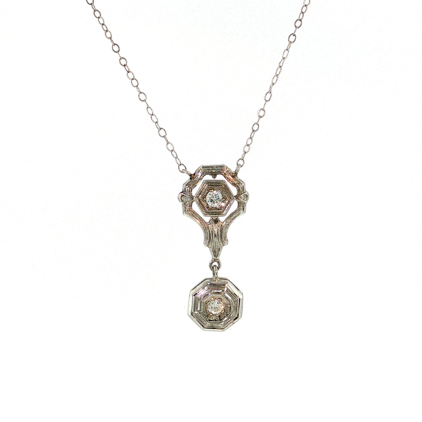 .12 Antique Art Deco Diamond Pendant Necklace 18k & 14k White Gold