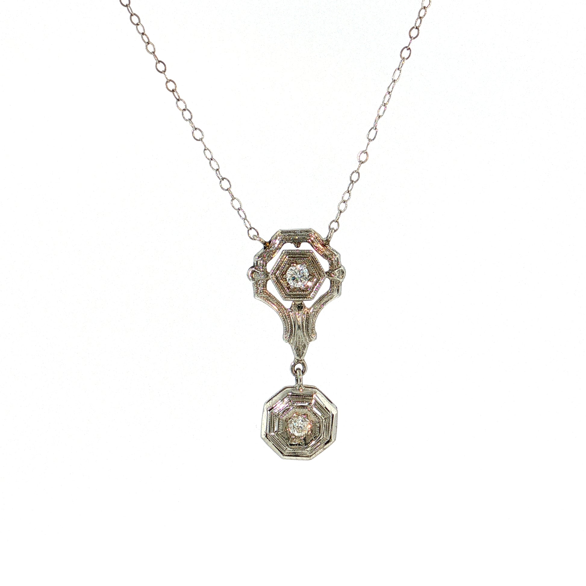 .12 Antique Art Deco Diamond Pendant Necklace 18k & 14k White Gold