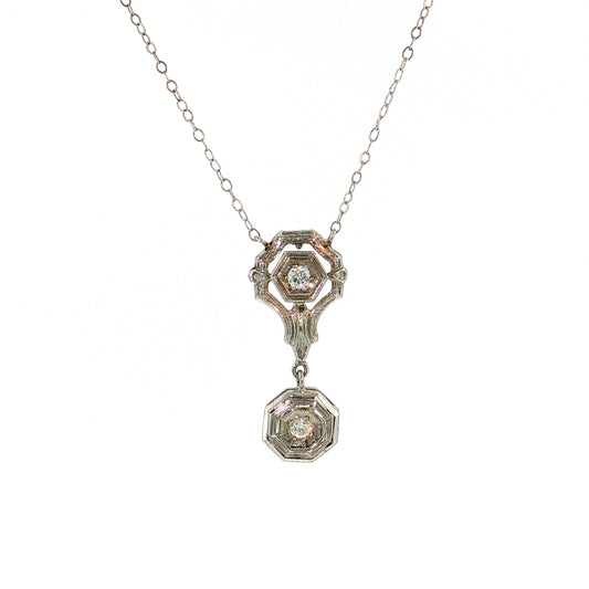 .12 Antique Art Deco Diamond Pendant Necklace 18k & 14k White Gold