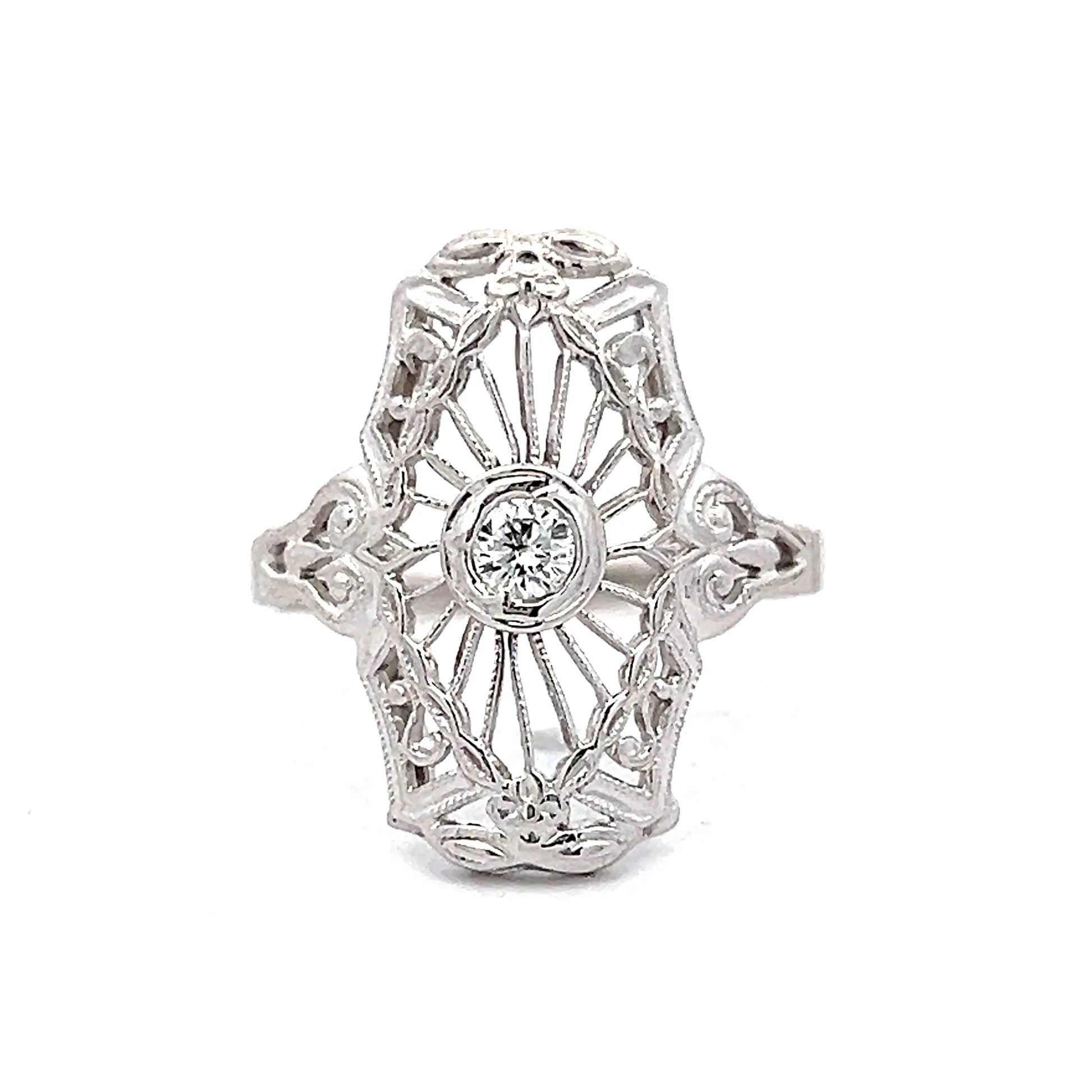 .17 Vintage Art Deco Filigree Ring in 14k White Gold