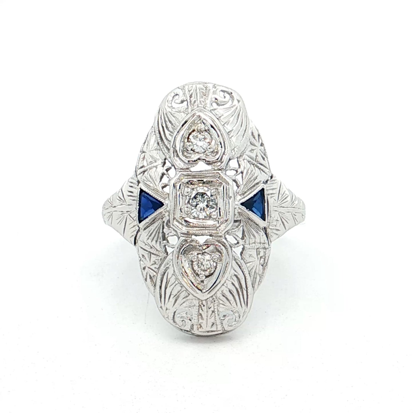 .18 Antique Deco Diamond & Sapphire Navette Ring 18k