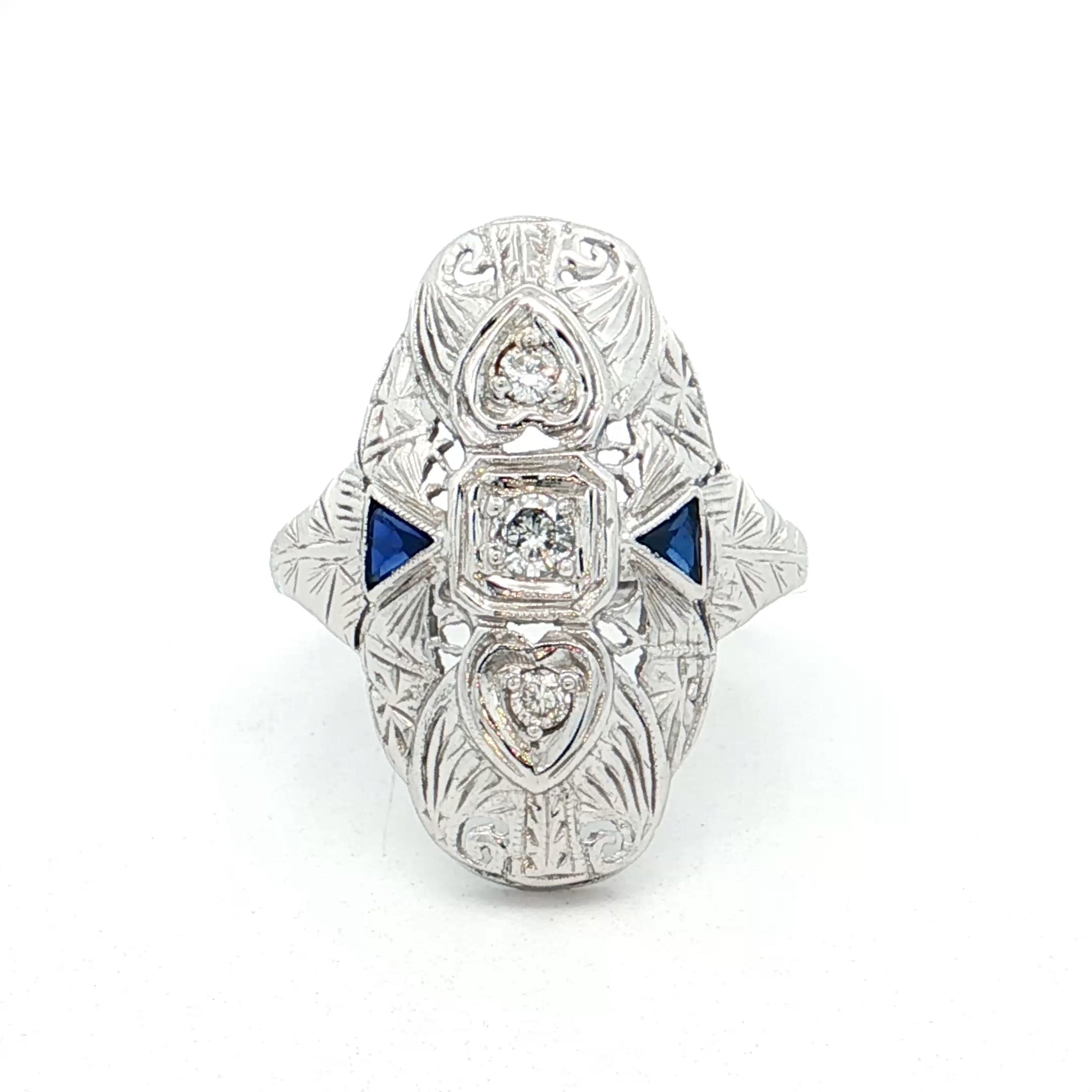 .18 Antique Deco Diamond & Sapphire Navette Ring 18k