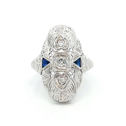 .18 Antique Deco Diamond & Sapphire Navette Ring 18k