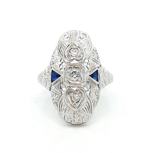 .18 Antique Deco Diamond & Sapphire Navette Ring 18k