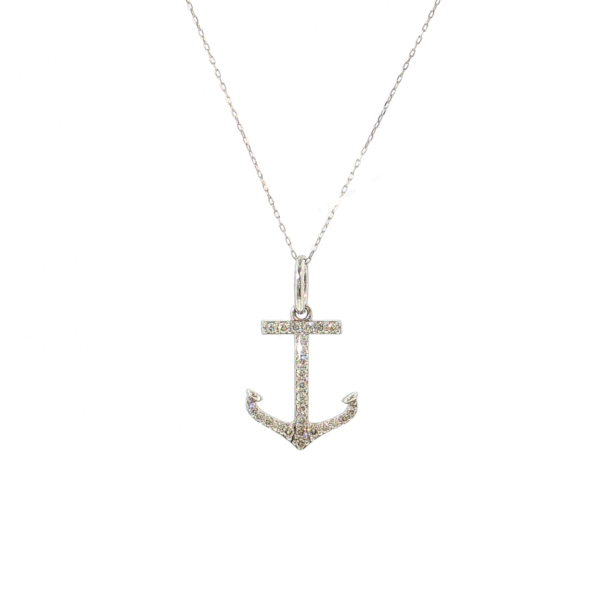 .20 Diamond Anchor Pendant Necklace 18k White Gold