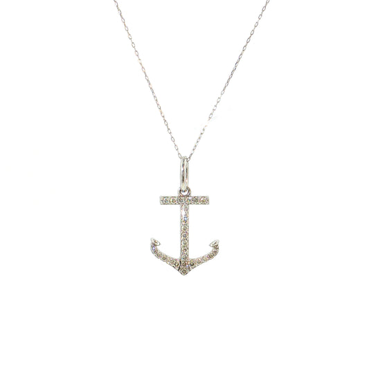 .20 Diamond Anchor Pendant Necklace 18k White Gold