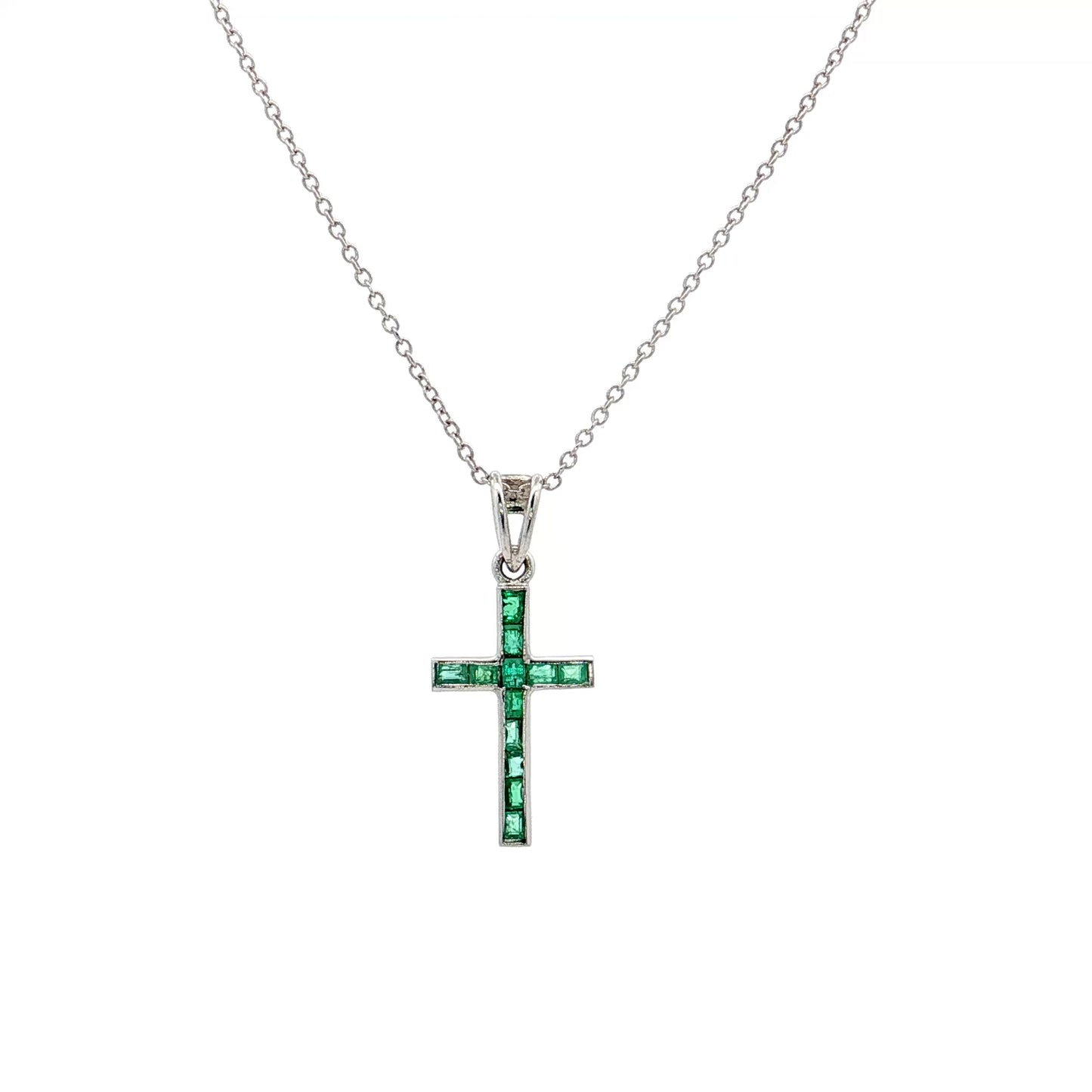 .24 Emerald Cross Pendant Necklace in 14k White Gold