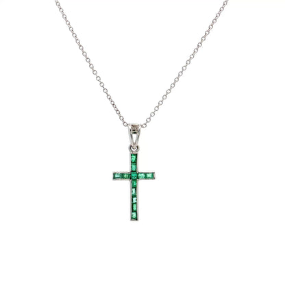 .24 Emerald Cross Pendant Necklace in 14k White Gold