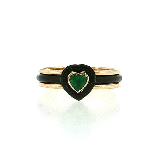 .25 Heart Cut Emerald & Black Enamel Stacking Ring 14k