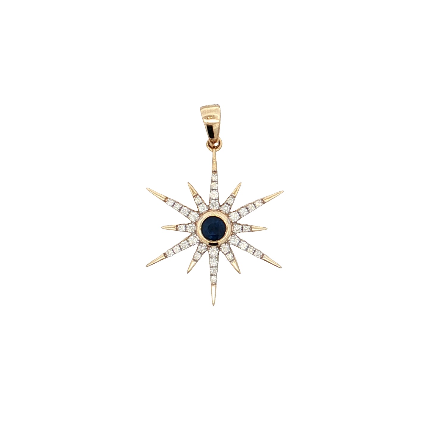 .29 Blue Sapphire Starburst Pendant 14k Yellow Gold