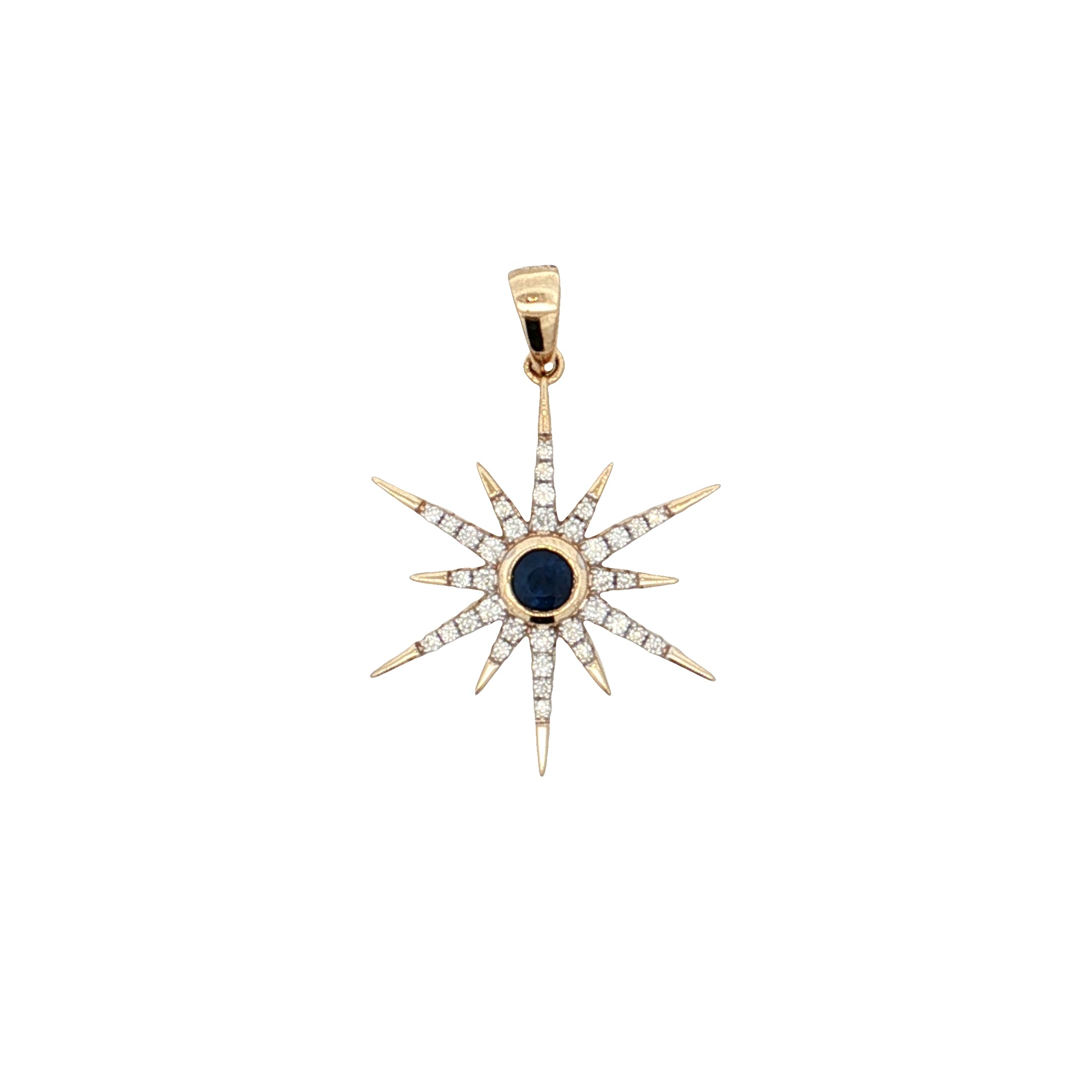 .29 Blue Sapphire Starburst Pendant 14k Yellow Gold
