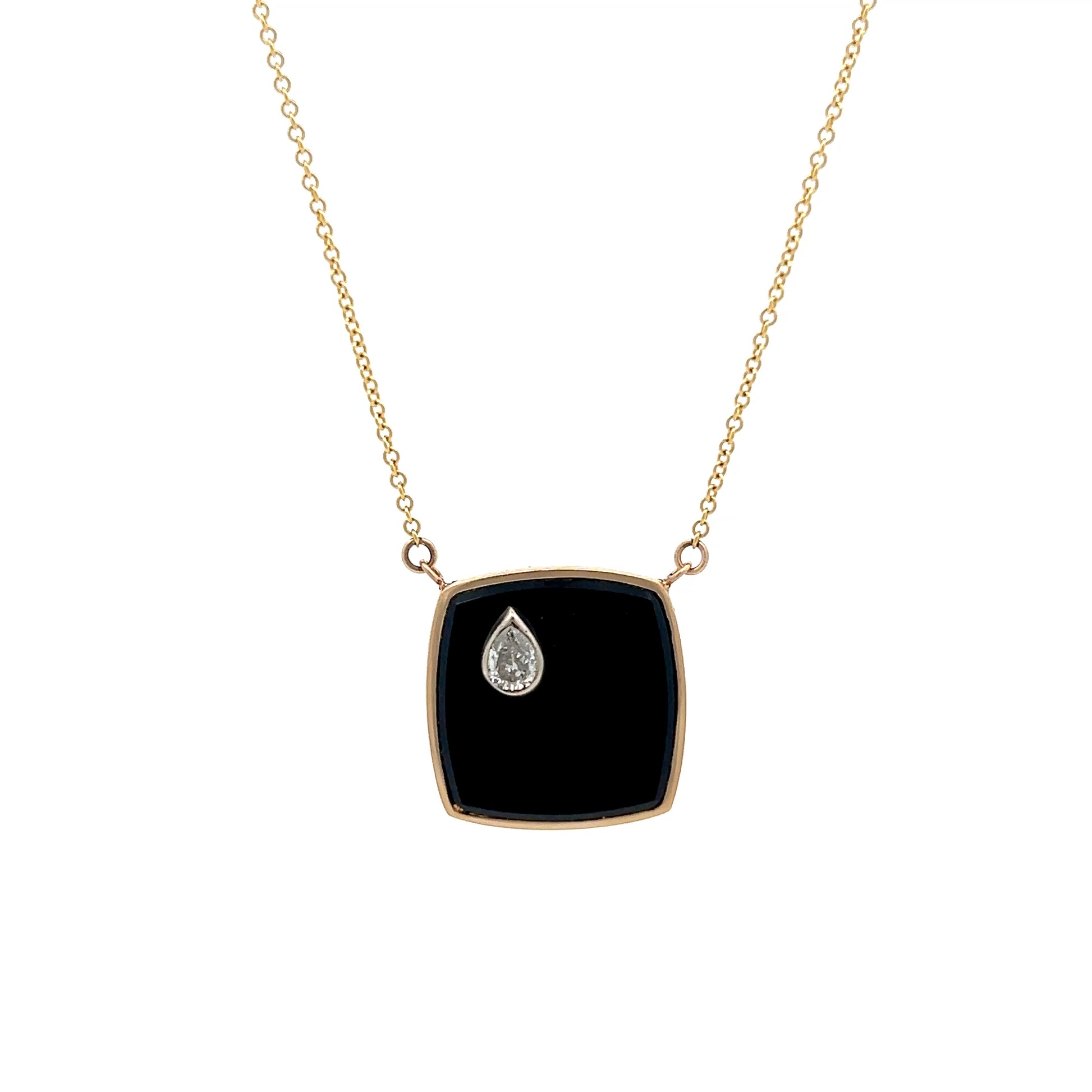 .30 Pear Diamond & Onyx Necklace in 14k Yellow Gold