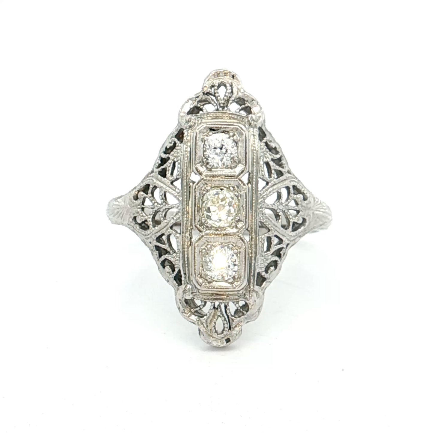 .39 Antique Deco Diamond Filigree Cocktail Ring 18k