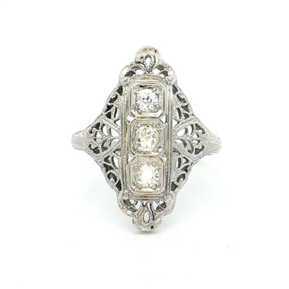 .39 Antique Deco Diamond Filigree Cocktail Ring 18k