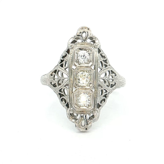 .39 Antique Deco Diamond Filigree Cocktail Ring 18k