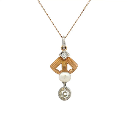 .40 Antique Edwardian Diamond & Pearl Pendant 14k