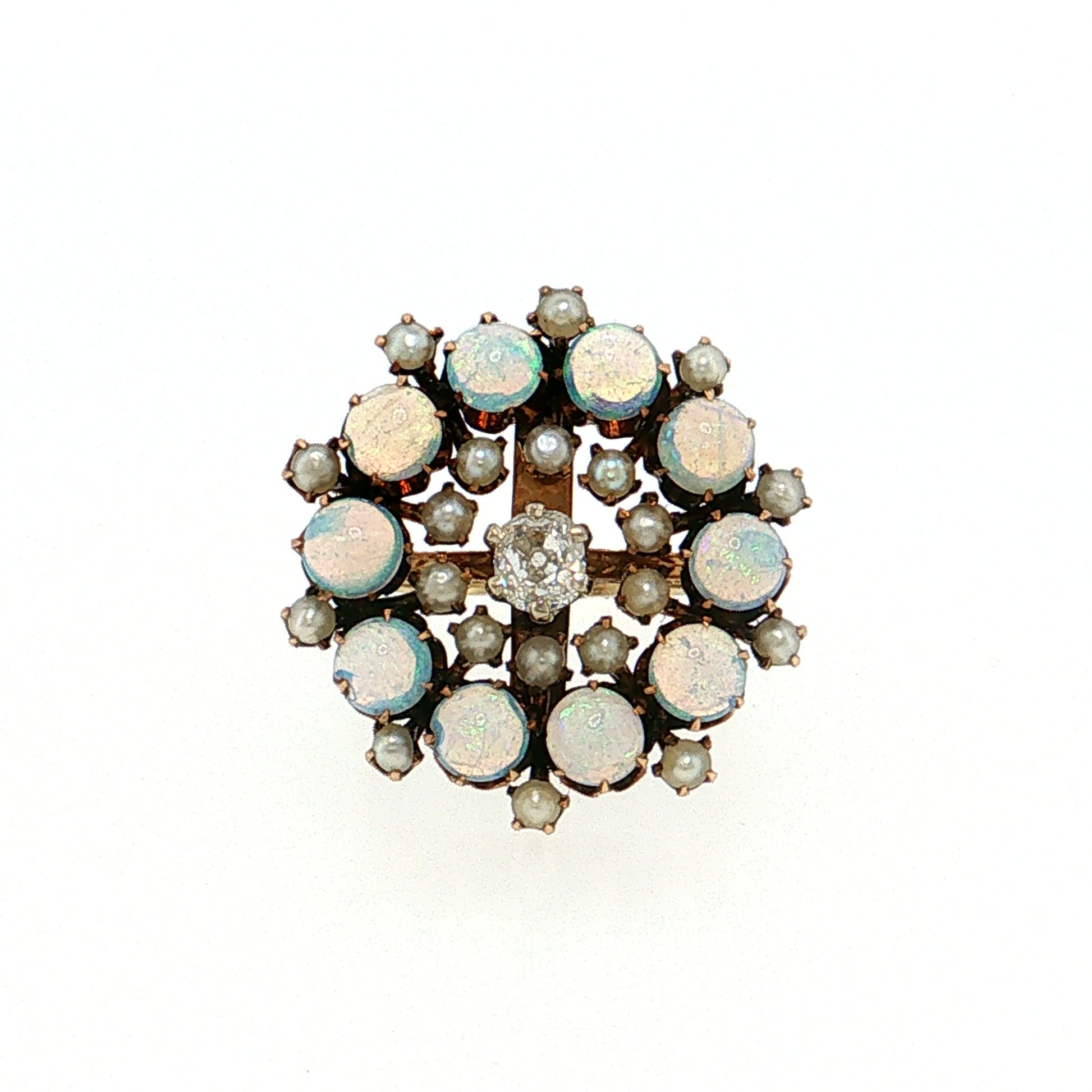 .40 Victorian Diamond Opal Pearl Cocktail Ring 14k