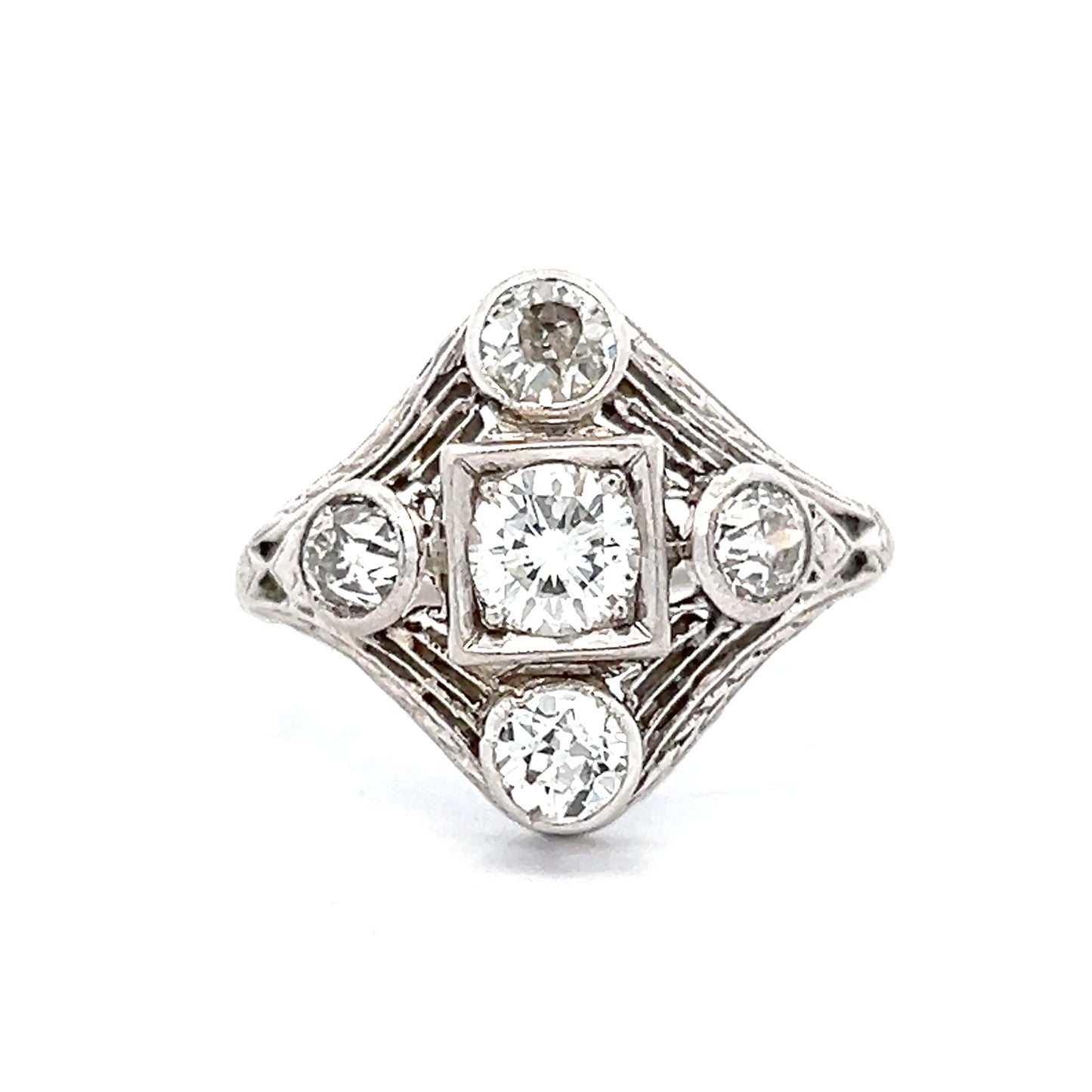 .44 Antique Filigree Art Deco Cocktail Ring in 14k White Gold