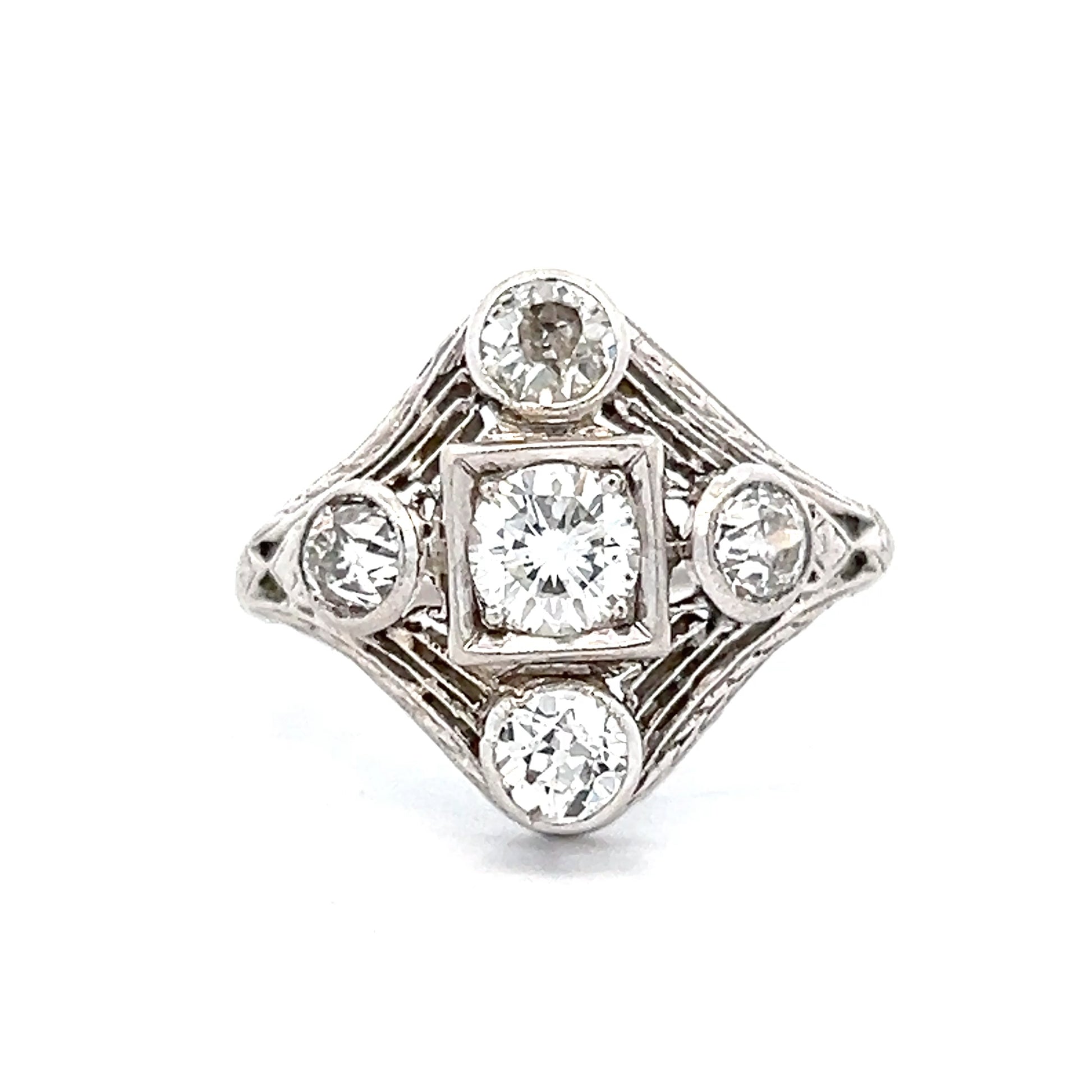 .44 Antique Filigree Art Deco Cocktail Ring in 14k White Gold