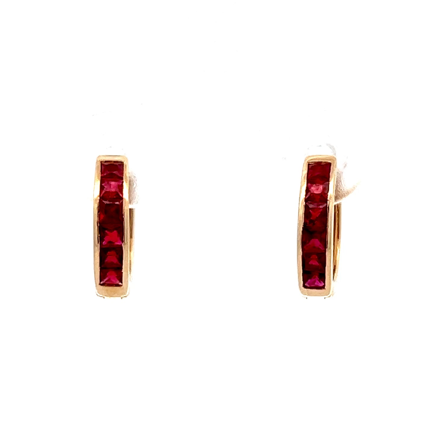 .60 French Cut Ruby Hoop Earrings in 14k Yellow Gold
