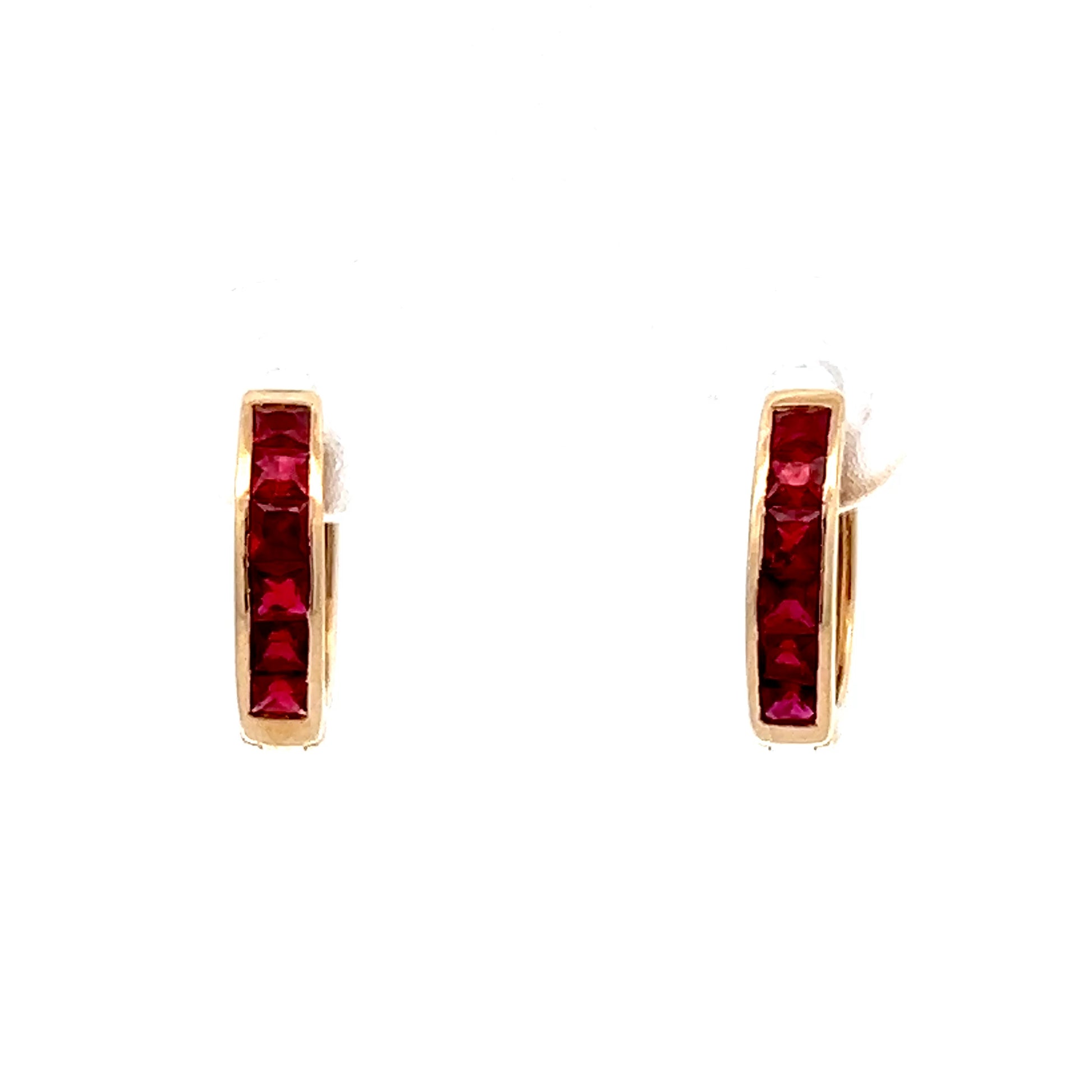 .60 French Cut Ruby Hoop Earrings in 14k Yellow Gold