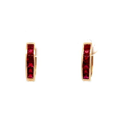 .60 French Cut Ruby Hoop Earrings in 14k Yellow Gold