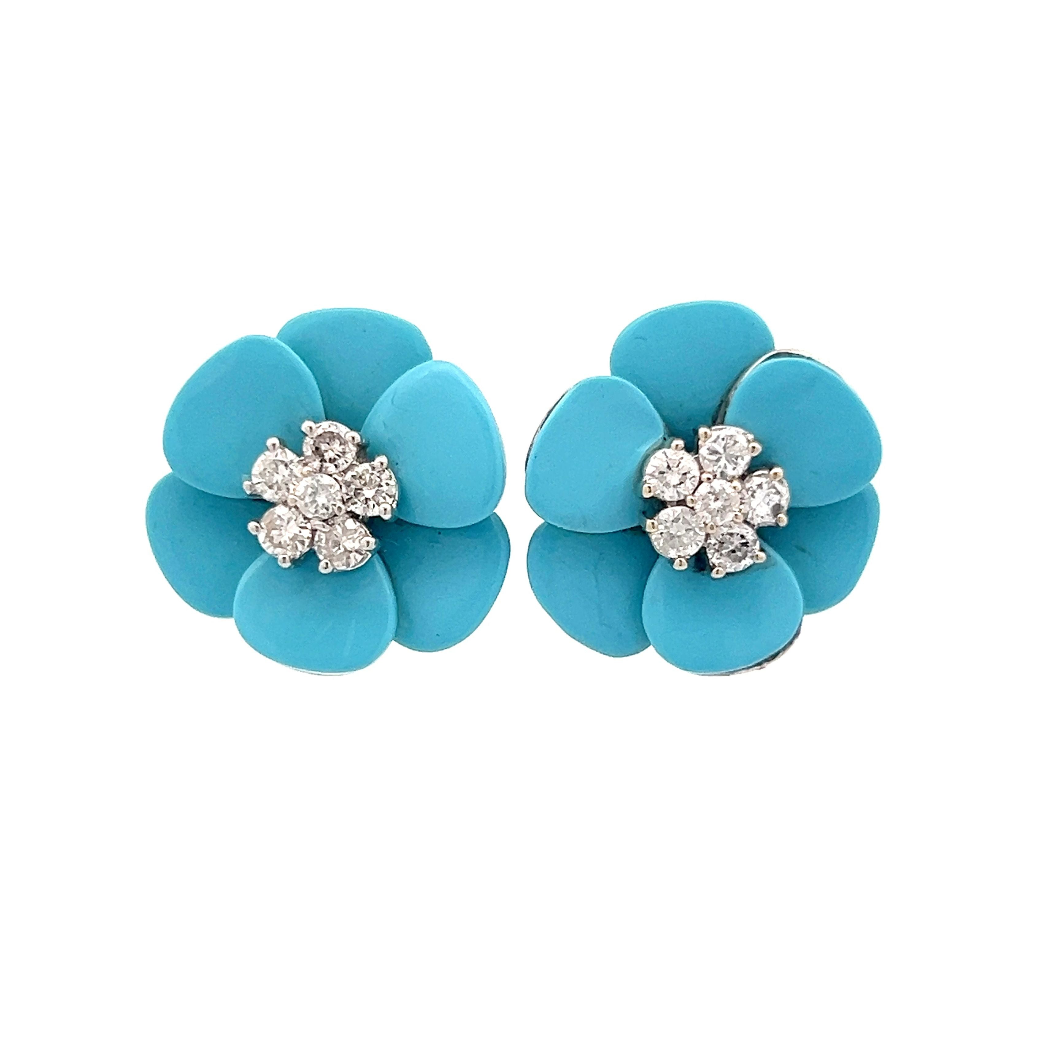 64 Diamond Turquoise Flower Earrings in 14k Filigree Jewelers