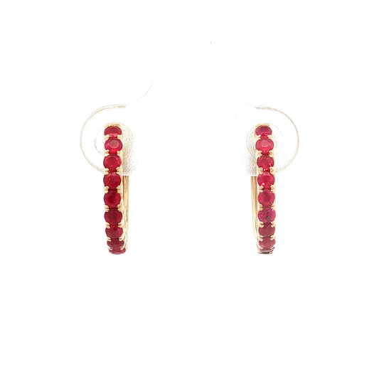 .64 French Set Ruby Hoop Earrings 14k Yellow Gold