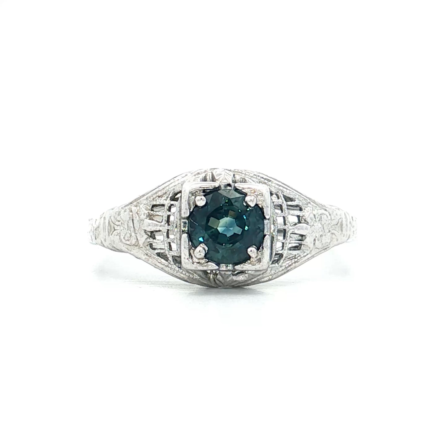 .72 Antique Art Deco Teal Sapphire Engagement Ring 18k